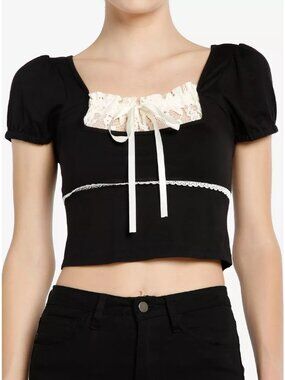 Hot Topic Babydoll Crop Top Black Cream Lace Milkmaid Peasant NEW NWT Medium